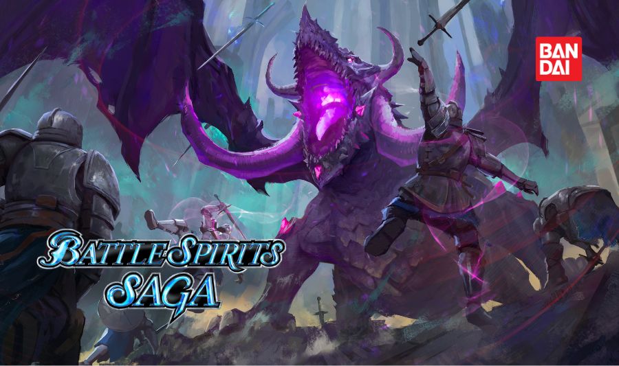 Epic battle scene from Battle Spirits Saga featuring armored knights fighting a powerful, glowing purple dragon.